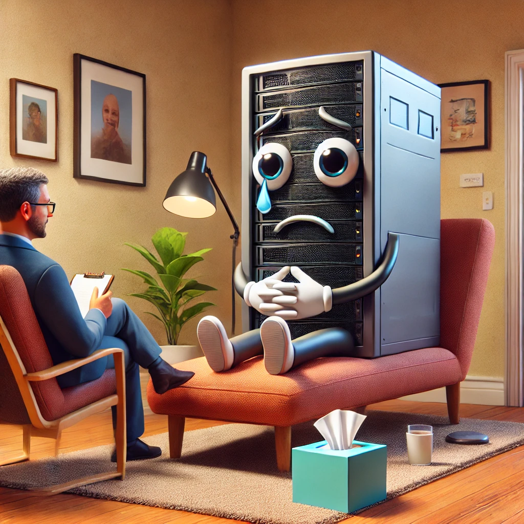 Une illustration humoristique représentant un serveur doté de personnalité, mettant en avant les Services de Réparation ENS.